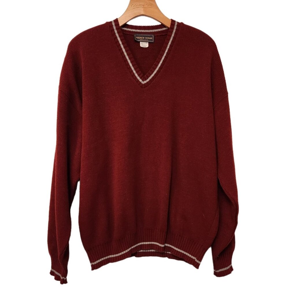 Vintage Andrew‎ Rohan V-Neck Sweater Acrylic Preppy Mens Large Made in USA EUC